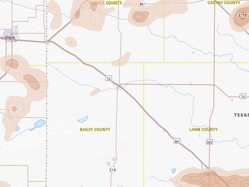 Radar-estimated hail-size map of the storm over Muleshoe, TX on Jun 24, 2026
