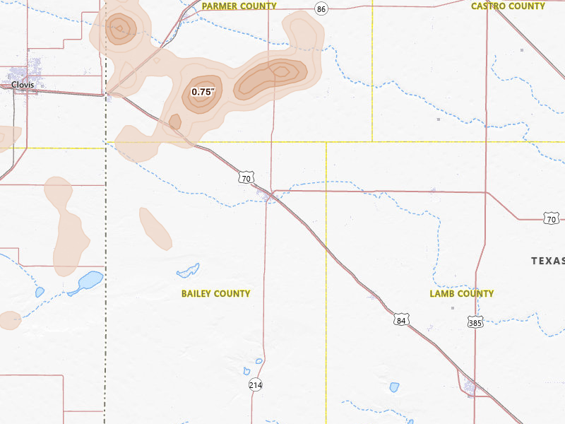 Radar-estimated hail-size map of the storm over Muleshoe, TX on Jul 4, 2026