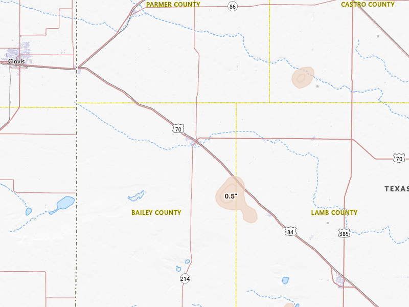 Radar-estimated hail-size map of the storm over Muleshoe, TX on Jul 5, 2026