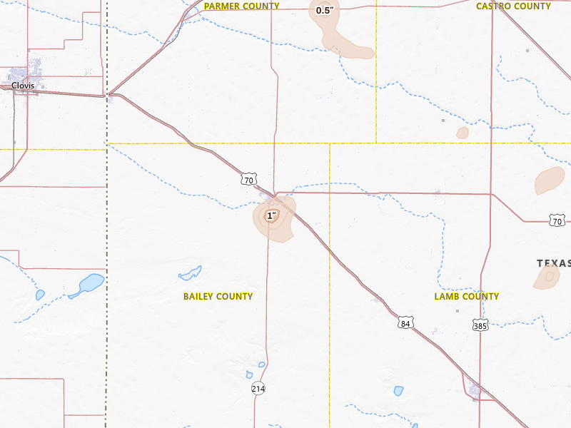 Radar-estimated hail-size map of the storm over Muleshoe, TX on Jul 31, 2026