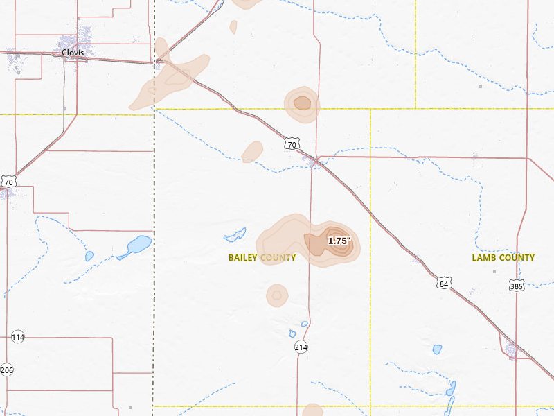 Radar-estimated hail-size map of the storm over Muleshoe, TX on Aug 27, 2026