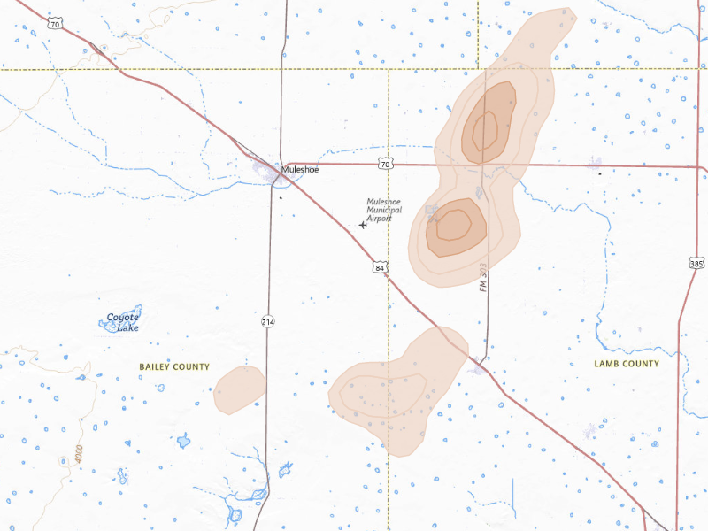 Radar-estimated hail-size map of the storm over Muleshoe, TX on Sep 21, 2026