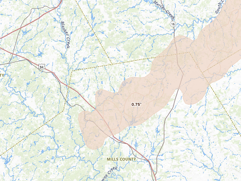 Radar-estimated hail-size map of the storm over Mullin, TX