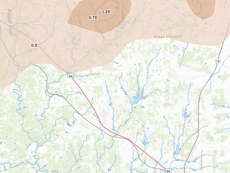 Radar-estimated hail-size map of the storm over Mullin, TX on Apr 18, 2026