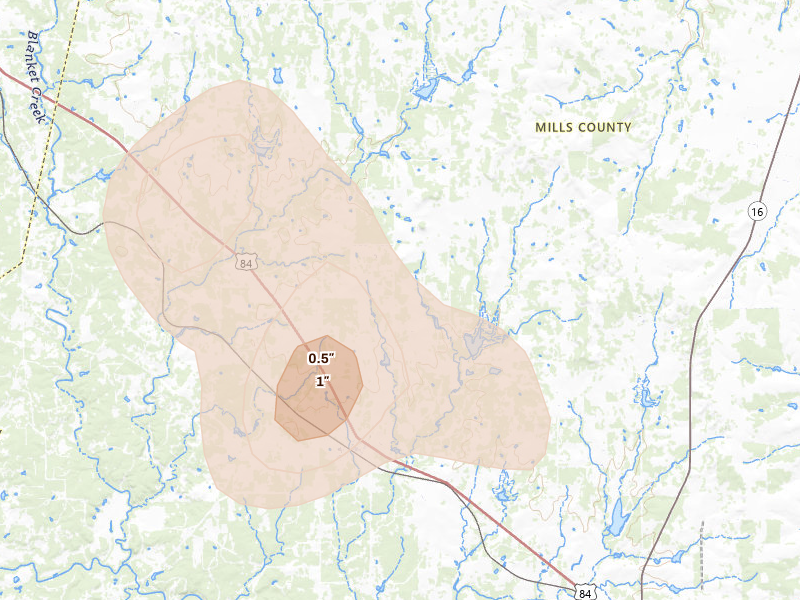 Radar-estimated hail-size map of the storm over Mullin, TX on May 24, 2026