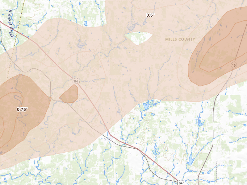 Radar-estimated hail-size map of the storm over Mullin, TX on Jun 6, 2026