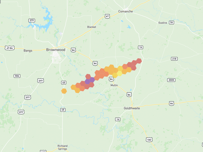 Hail map of Mullin, TX on Jun 6, 2026, hail up to 3"
