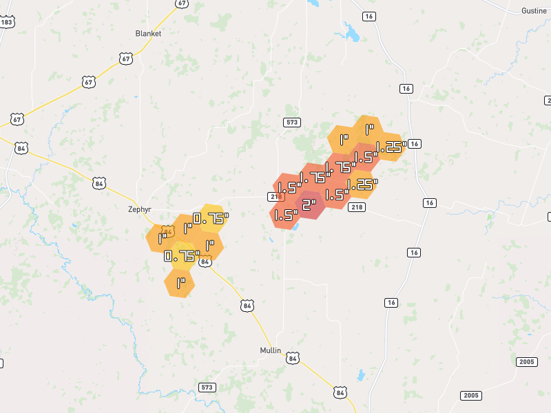 Hail map of Mullin, TX on Jun 7, 2026, hail up to 2"