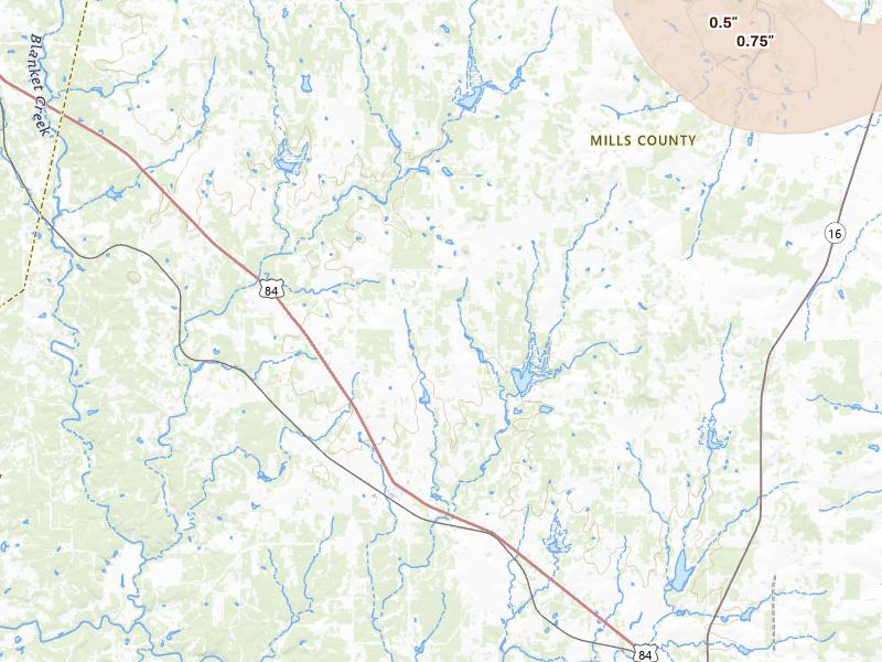 Radar-estimated hail-size map of the storm over Mullin, TX on Jul 6, 2026