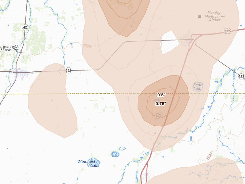 Radar-estimated hail-size map of the storm over Munday, TX on Jul 5, 2026