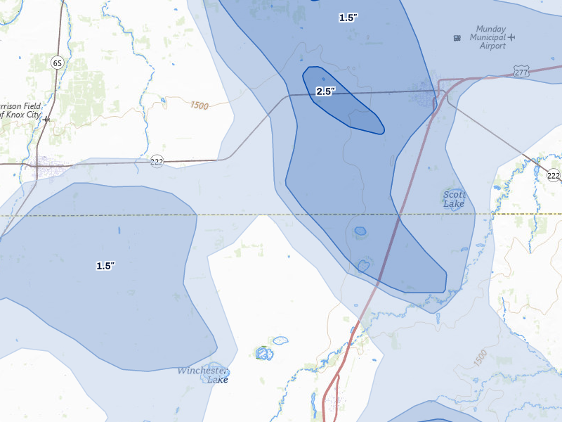 NEXRAD radar-signature map of the hail storm over Munday, TX on Jul 5, 2026
