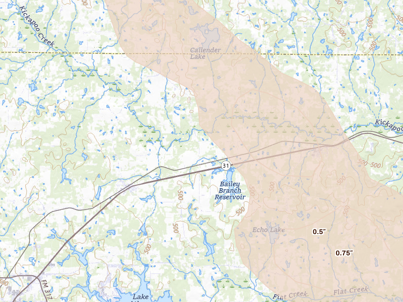 Radar-estimated hail-size map of the storm over Murchison, TX on Apr 24, 2026