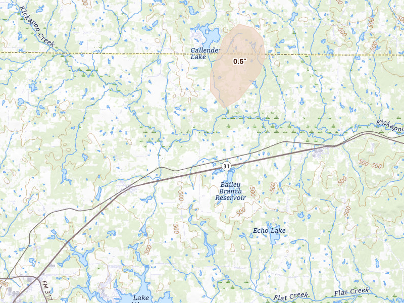 Radar-estimated hail-size map of the storm over Murchison, TX on May 22, 2026