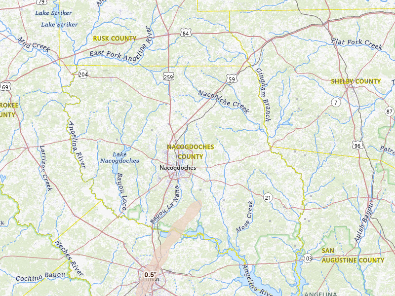 Radar-estimated hail-size map of the storm over Nacogdoches, TX on Jan 9, 2026