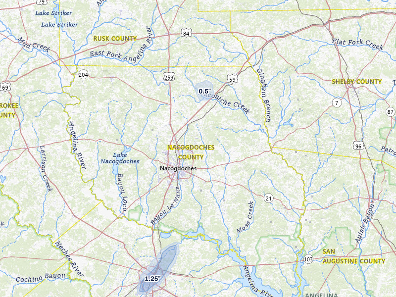 NEXRAD radar-signature map of the hail storm over Nacogdoches, TX on Jan 9, 2026