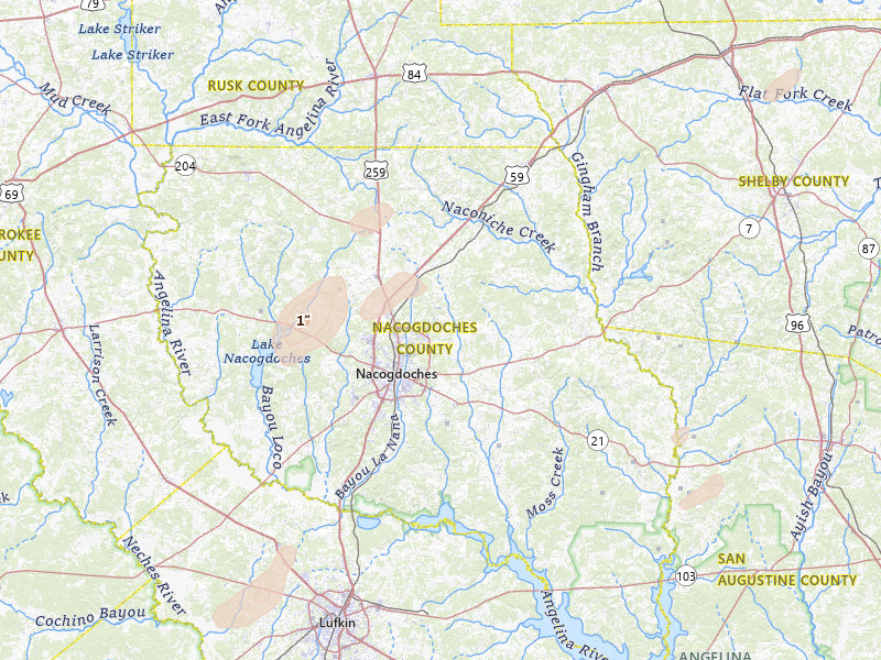 Radar-estimated hail-size map of the storm over Nacogdoches, TX on Mar 7, 2026