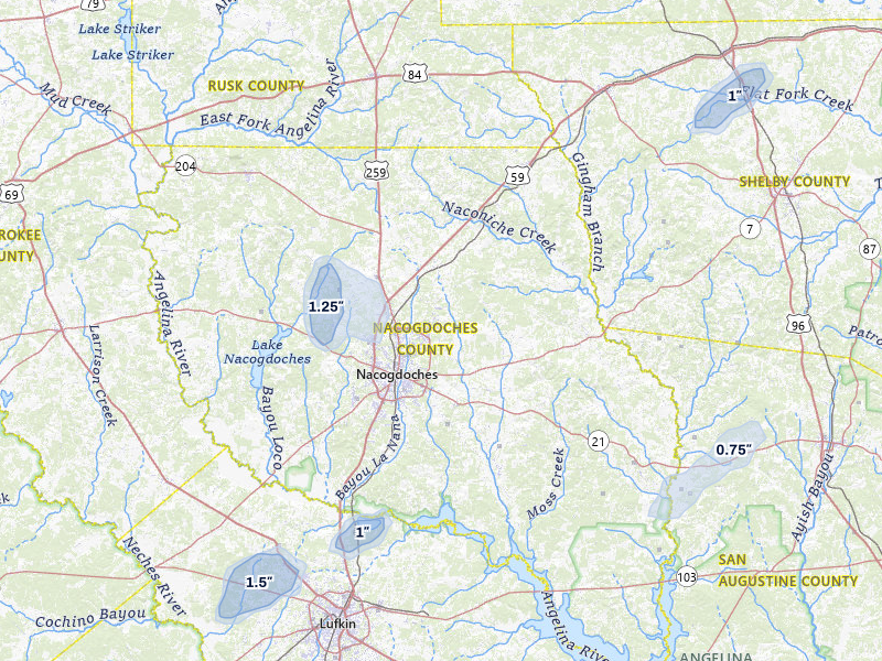 NEXRAD radar-signature map of the hail storm over Nacogdoches, TX on Mar 7, 2026