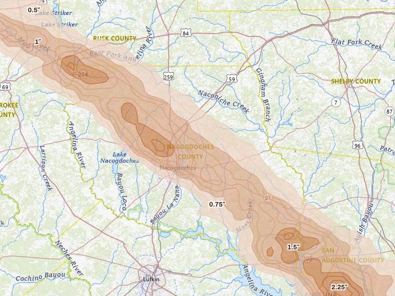 Radar-estimated hail-size map of the storm over Nacogdoches, TX on Mar 15, 2026