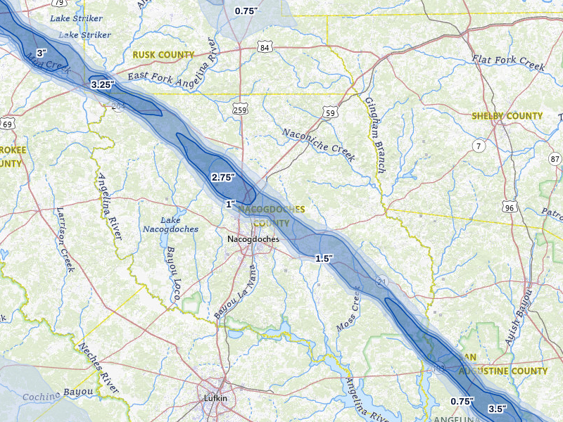 NEXRAD radar-signature map of the hail over Nacogdoches, TX