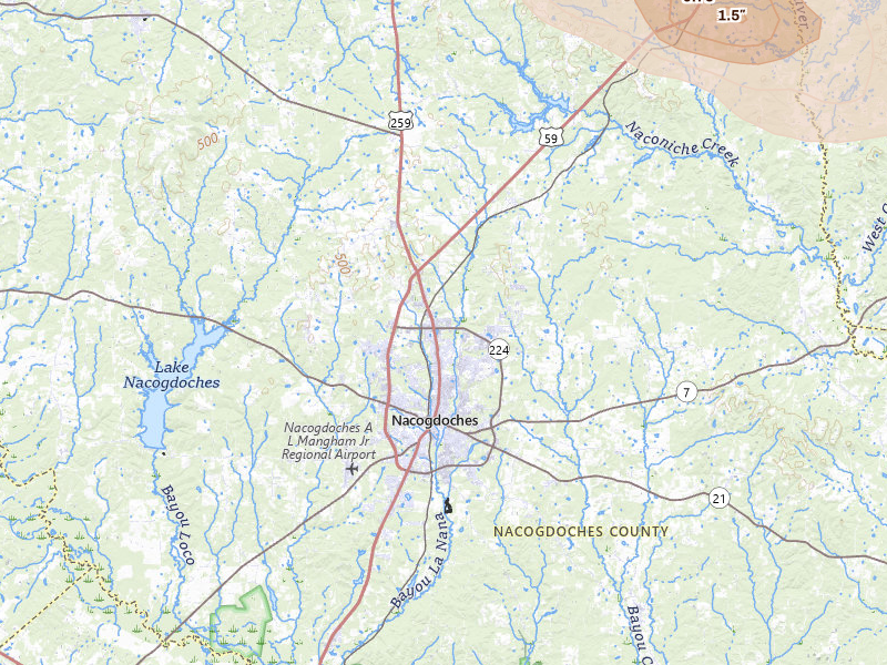 Radar-estimated hail-size map of the storm over Nacogdoches, TX on Apr 24, 2026