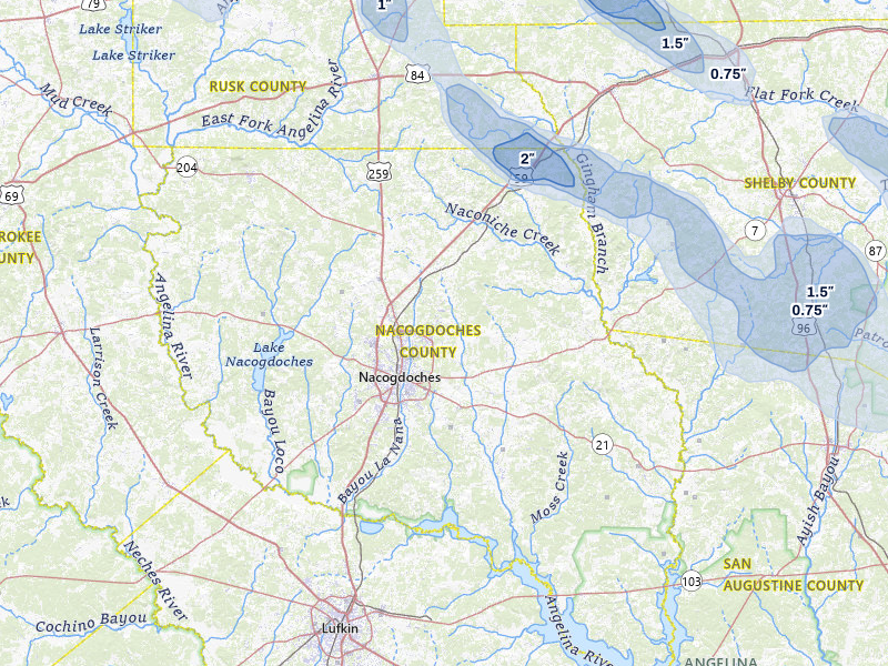 NEXRAD radar-signature map of the hail over Nacogdoches, TX