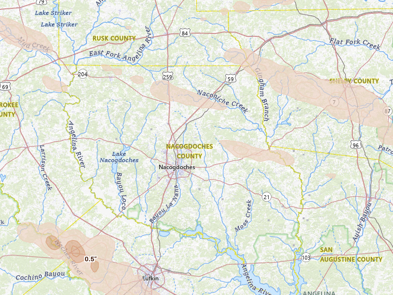 Radar-estimated hail-size map of the storm over Nacogdoches, TX on Apr 29, 2026