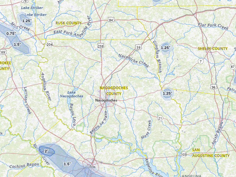 NEXRAD radar-signature map of the hail storm over Nacogdoches, TX on Apr 29, 2026