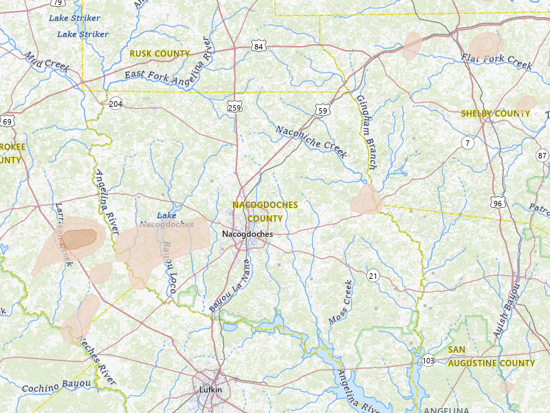 Radar-estimated hail-size map of the storm over Nacogdoches, TX on Jun 2, 2026