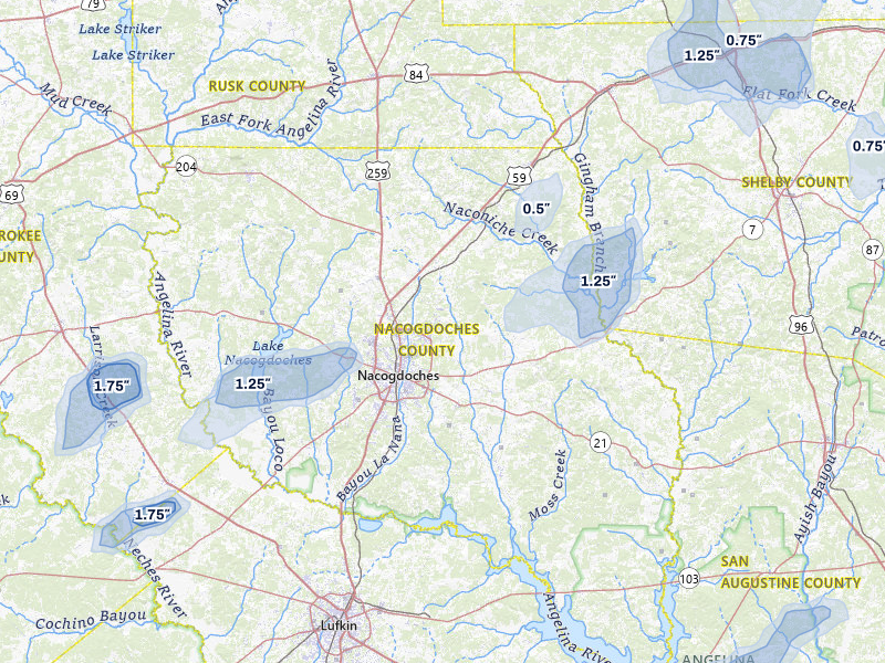 NEXRAD radar-signature map of the hail over Nacogdoches, TX