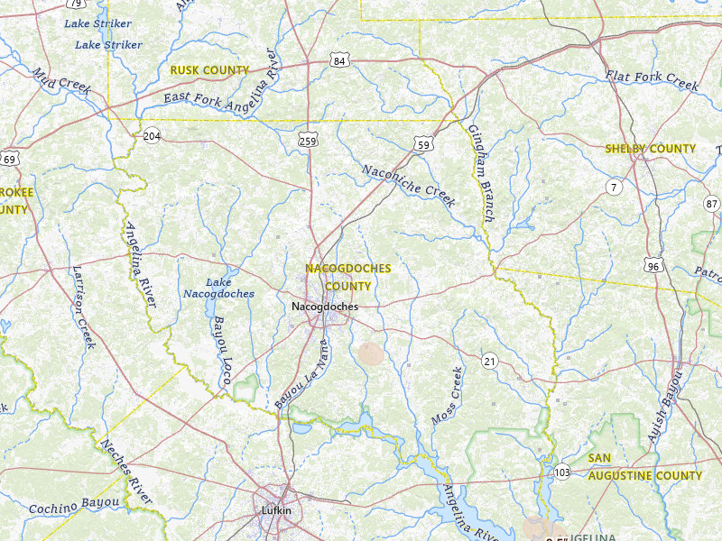 Radar-estimated hail-size map of the storm over Nacogdoches, TX on Jul 1, 2026