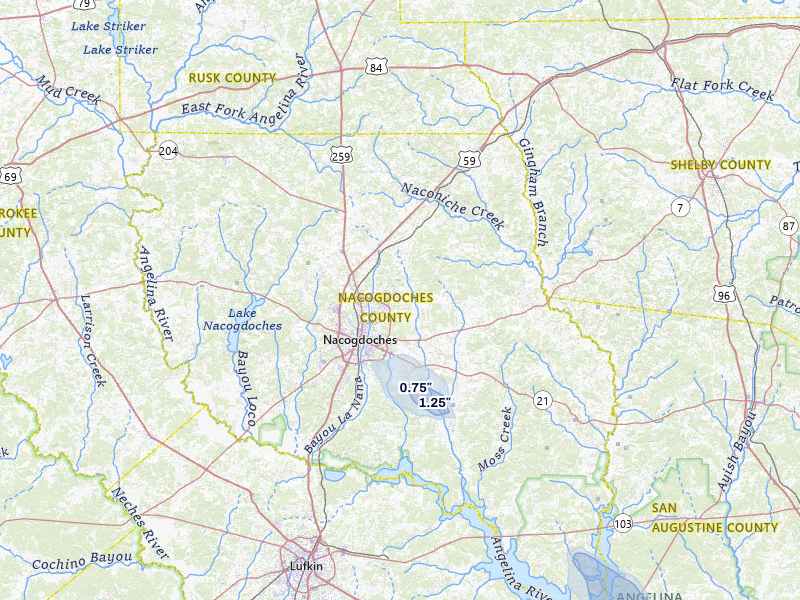 NEXRAD radar-signature map of the hail storm over Nacogdoches, TX on Jul 1, 2026