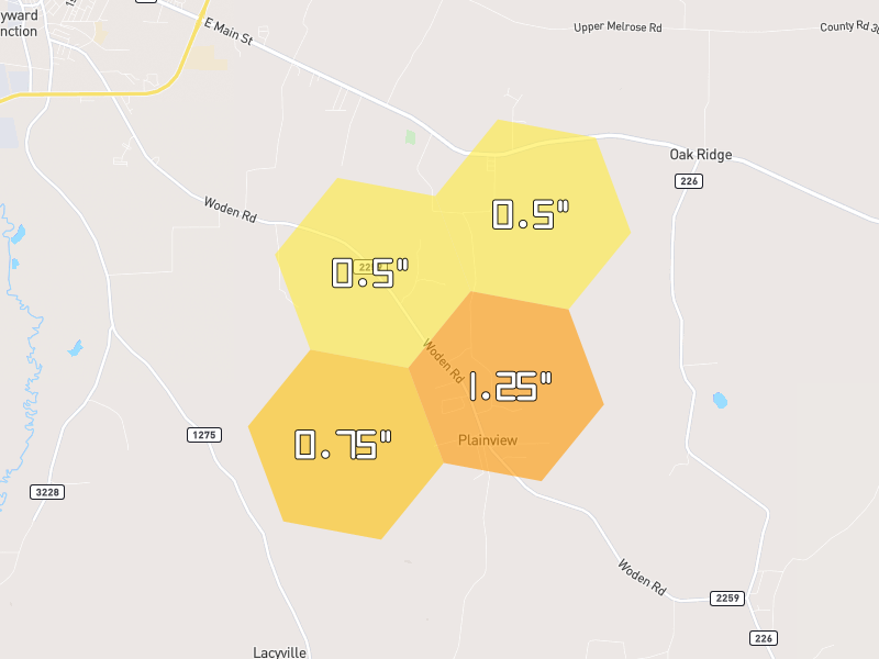 Hail map of Nacogdoches, TX on Jul 1, 2026, hail up to 1.25"
