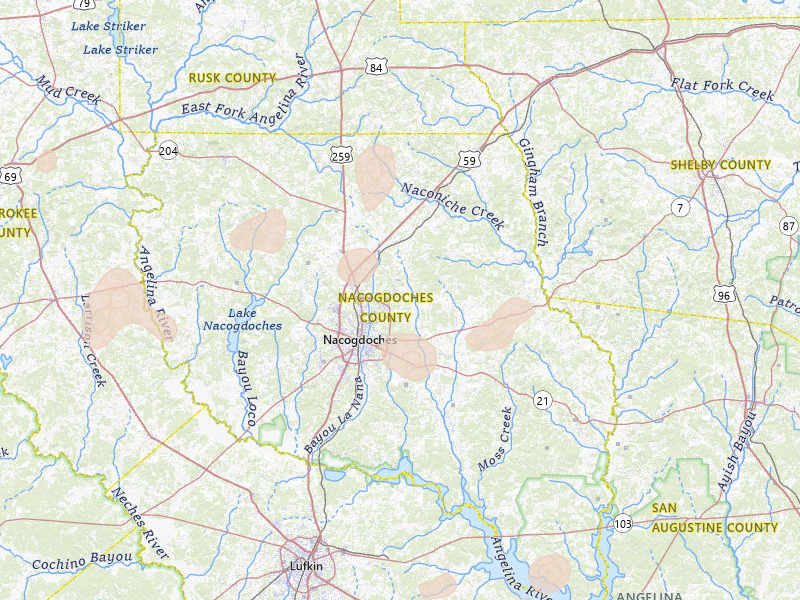 Radar-estimated hail-size map of the storm over Nacogdoches, TX on Jul 5, 2026