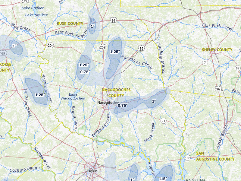 NEXRAD radar-signature map of the hail storm over Nacogdoches, TX on Jul 5, 2026