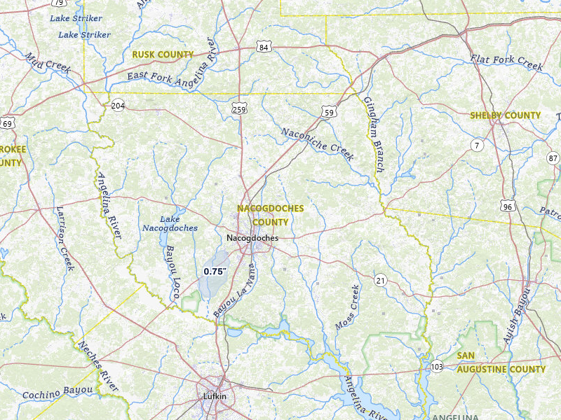 NEXRAD radar-signature map of the hail storm over Nacogdoches, TX on Jul 11, 2026