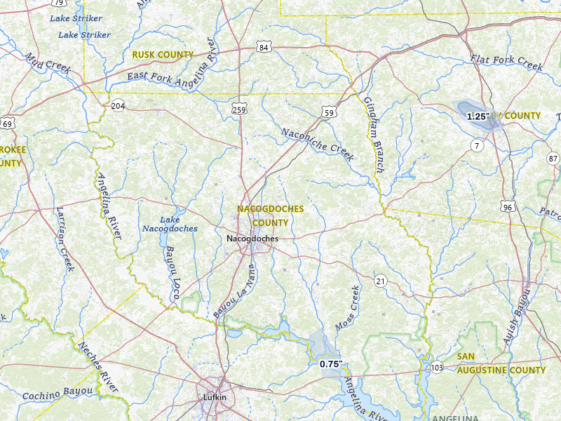 NEXRAD radar-signature map of the hail storm over Nacogdoches, TX on Jul 12, 2026