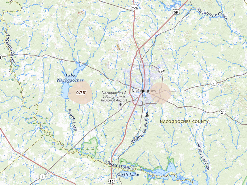 Radar-estimated hail-size map of the storm over Nacogdoches, TX on Aug 8, 2026