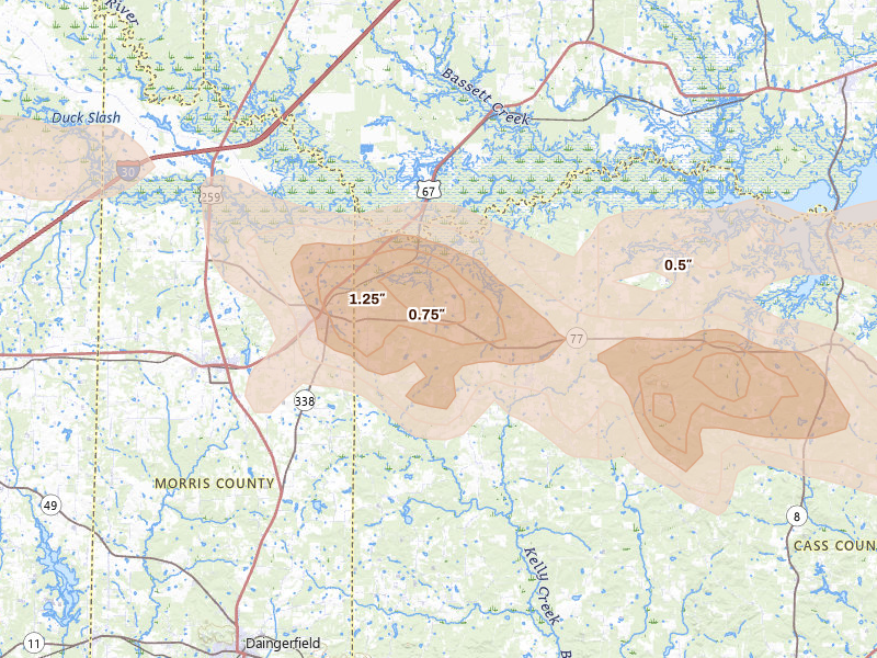 Radar-estimated hail-size map of the storm over Naples, TX on Apr 29, 2026