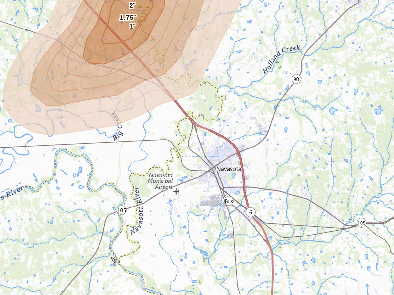 Radar-estimated hail-size map of the storm over Navasota, TX on Apr 22, 2026