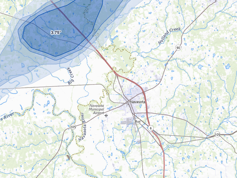 NEXRAD radar-signature map of the hail storm over Navasota, TX on Apr 22, 2026