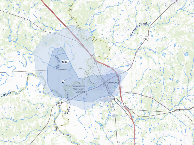 NEXRAD radar-signature map of the hail storm over Navasota, TX on May 10, 2026