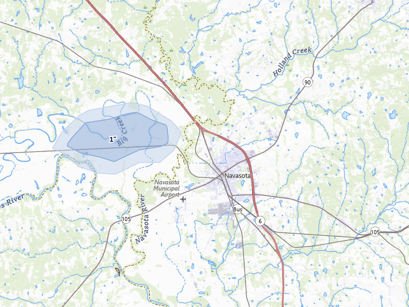 NEXRAD radar-signature map of the hail storm over Navasota, TX on Jul 22, 2026