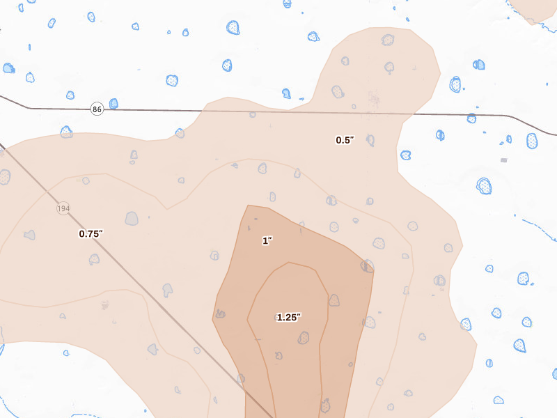 Radar-estimated hail-size map of the storm over Nazareth, TX on May 22, 2026