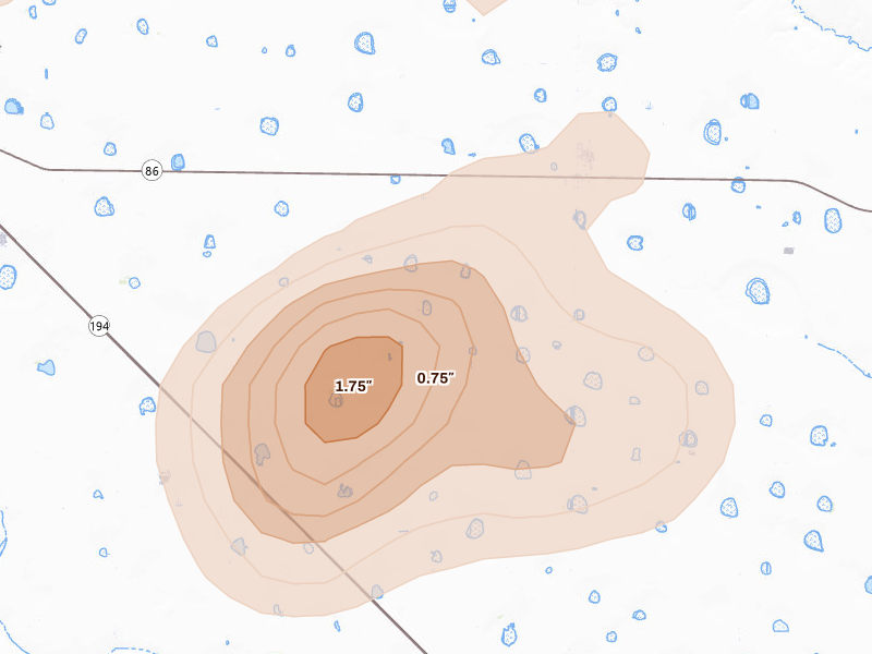 Radar-estimated hail-size map of the storm over Nazareth, TX on Jun 24, 2026