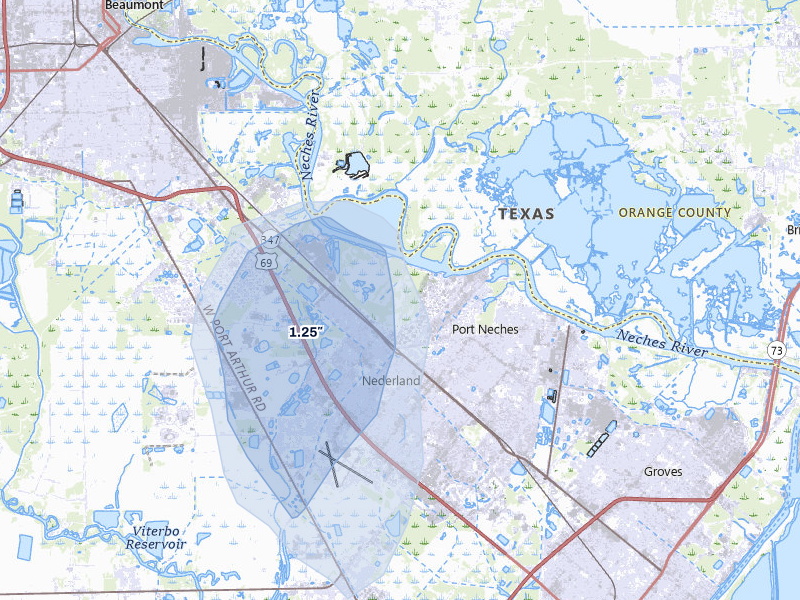 NEXRAD radar-signature map of the hail over Nederland, TX