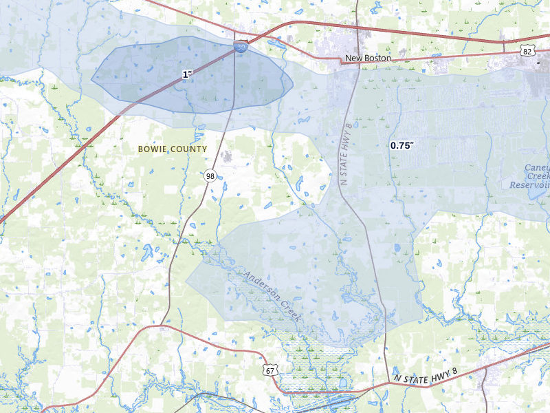 NEXRAD radar-signature map of the hail over New Boston, TX