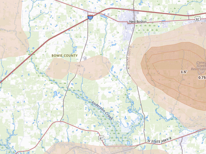 Radar-estimated hail-size map of the storm over New Boston, TX on Jun 22, 2026