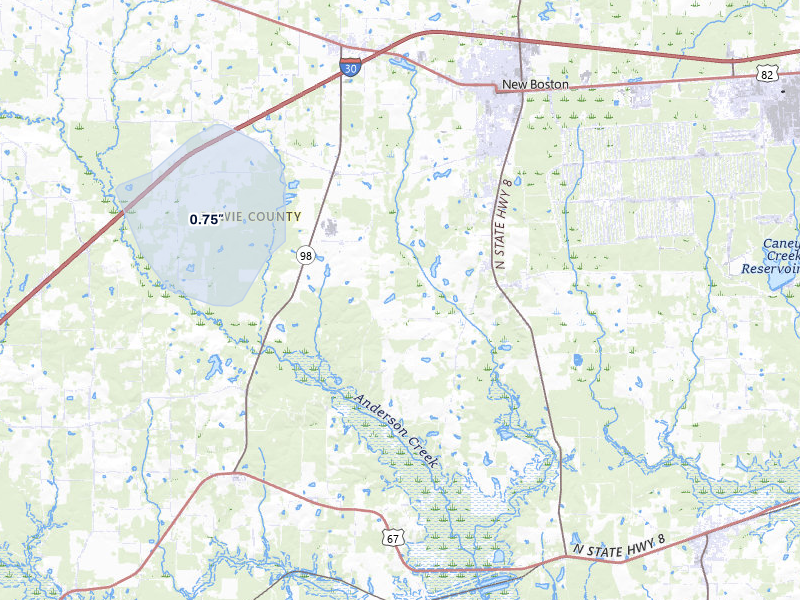 NEXRAD radar-signature map of the hail storm over New Boston, TX on Jul 6, 2026