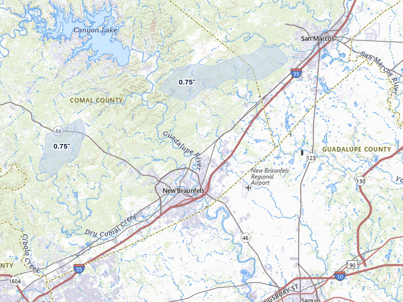 NEXRAD radar-signature map of the hail over New Braunfels, TX