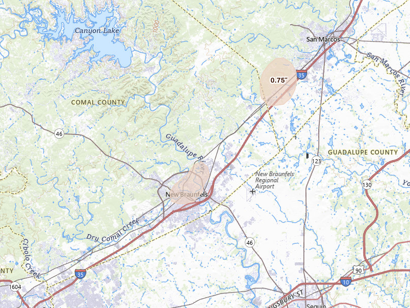 Radar-estimated hail-size map of the storm over New Braunfels, TX on May 9, 2026